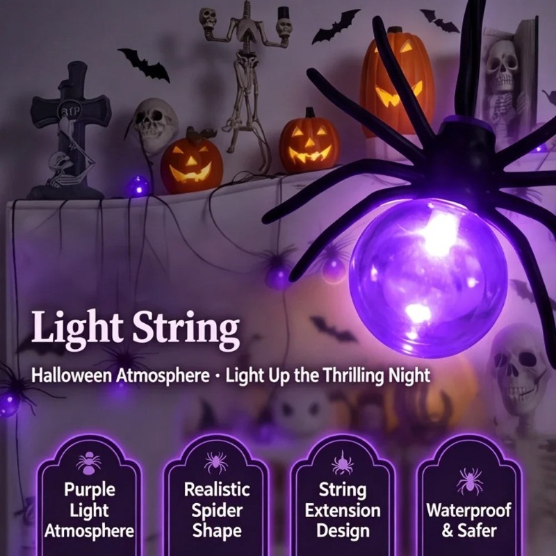 Outdoor Lighting Yard Decoration - Op batterijen werkende Spider LED-lichtslingers, Halloween-buitendecoraties