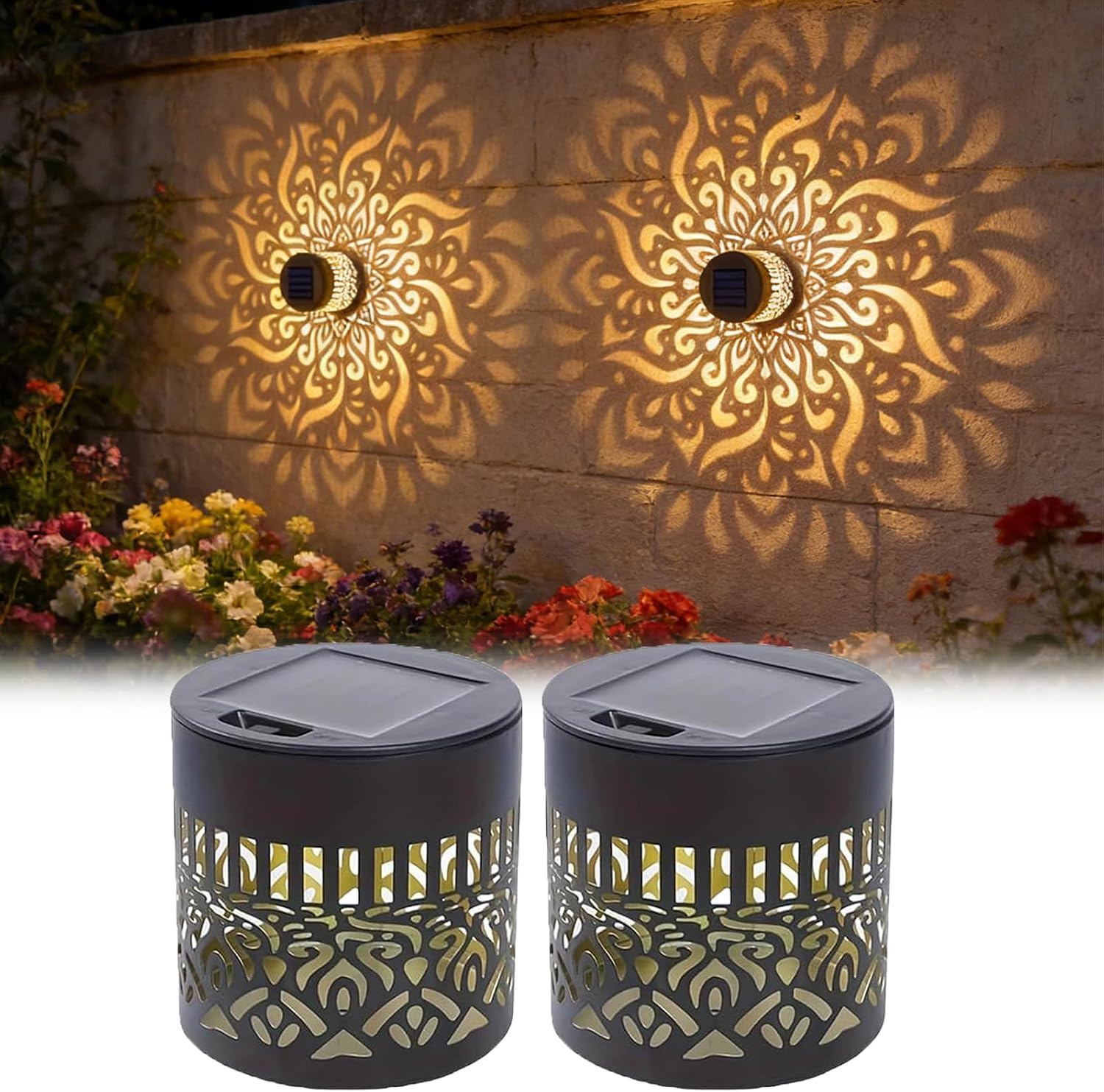 Outdoor Lighting Yellow - 2-pack zonne-tuinlampen IP65, duurzame metalen LED-lantaarns